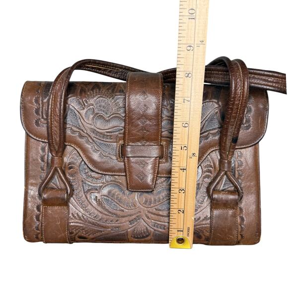 Vintage Tooled Leather Satchel Purse Flores‎ Bags Brown Boho Western Mexico - Picture 13 of 13